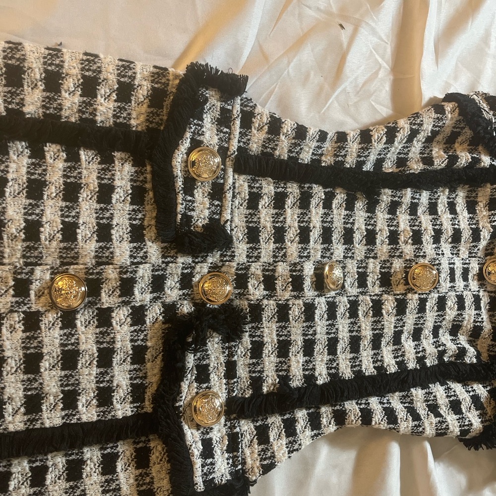 Fashion Nova black white tweed mini dress gold lion button fringe trim women’s S - Picture 3 of 7